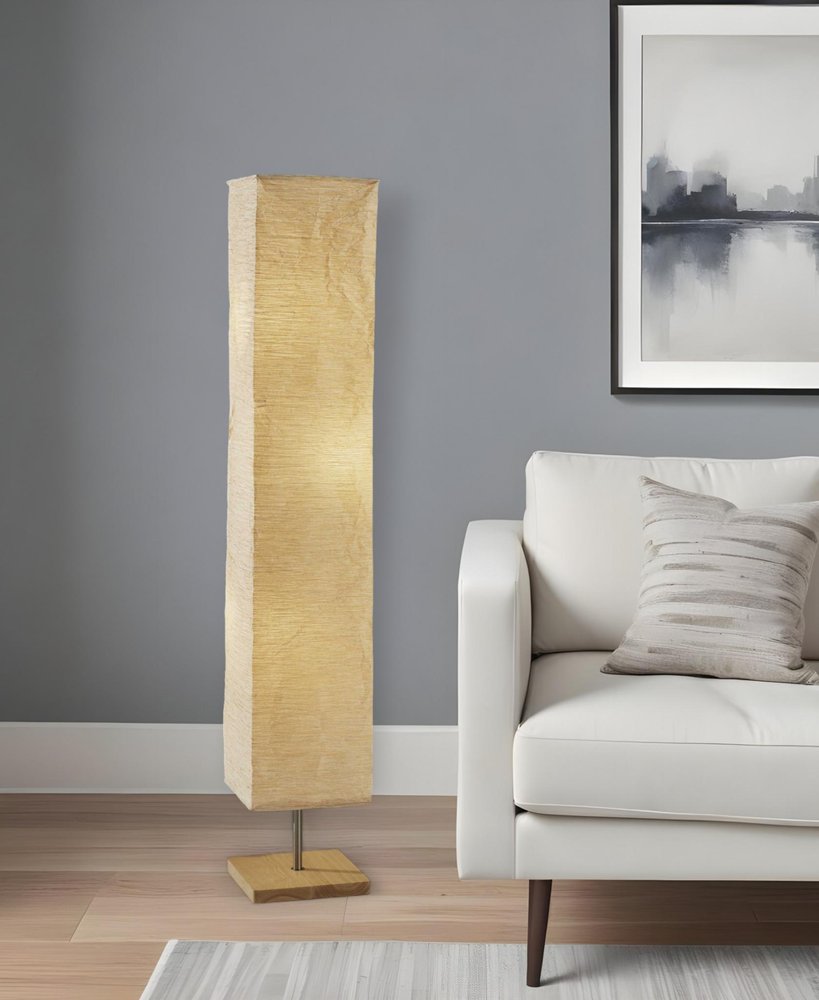 57" Brown And White Two Light Column Floor Lamp With White Paper Rectangular Shade
