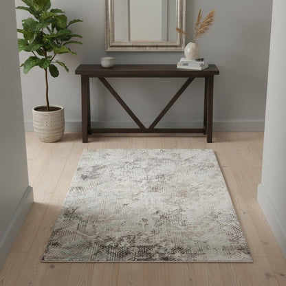 4' X 6' Ivory Black And Gray Abstract Handmade Area Rug