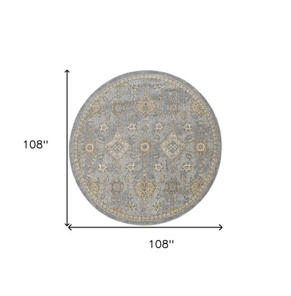 9' Sage Orange And Gray Wool Floral Distressed Round Rug