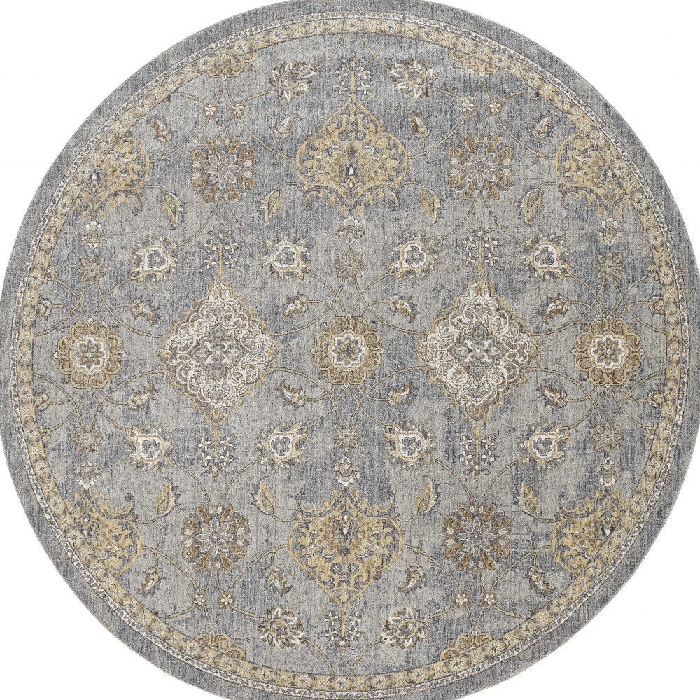 9' Sage Orange And Gray Wool Floral Distressed Round Rug