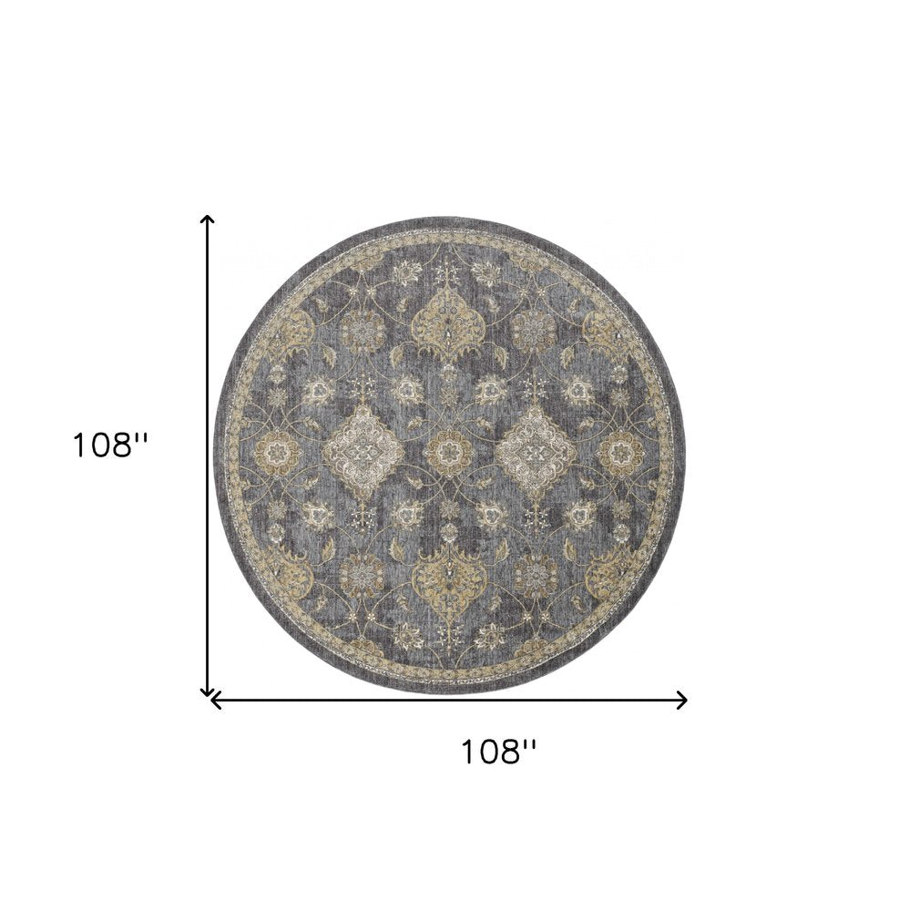 9' Sage And Slate Gray Wool Floral Medallion Distressed Round Rug