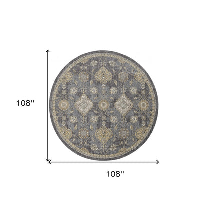 9' Sage And Slate Gray Wool Floral Medallion Distressed Round Rug
