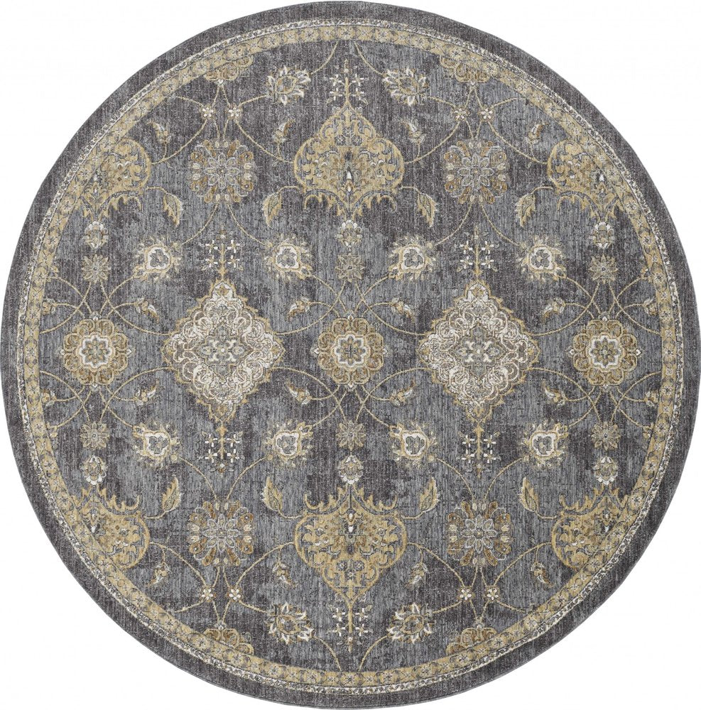 9' Sage And Slate Gray Wool Floral Medallion Distressed Round Rug
