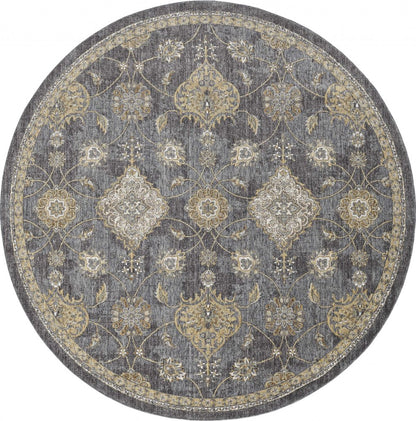 9' Sage And Slate Gray Wool Floral Medallion Distressed Round Rug