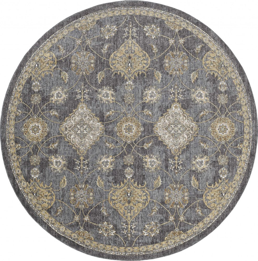 9' Sage And Slate Gray Wool Floral Medallion Distressed Round Rug