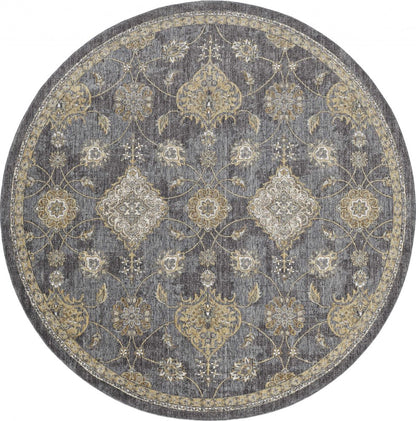 9' Sage And Slate Gray Wool Floral Medallion Distressed Round Rug