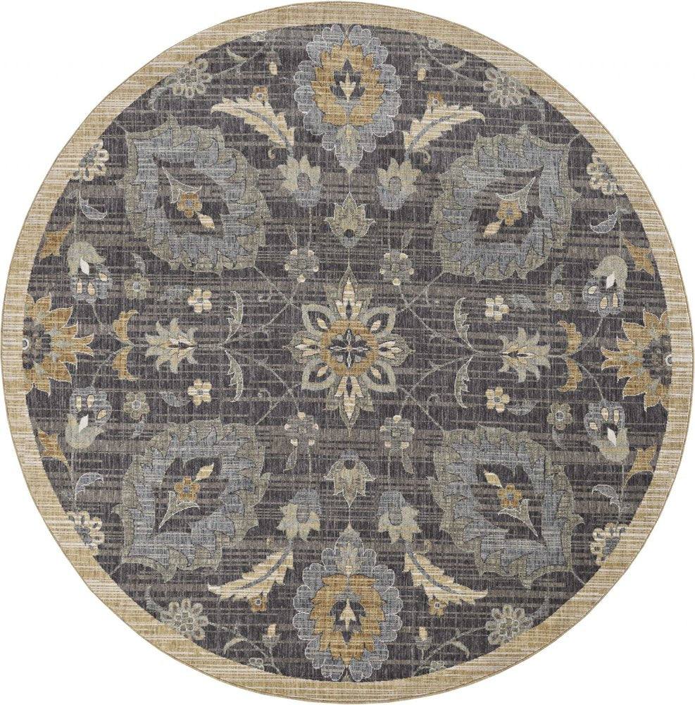 9' Taupe Orange And Gray Wool Floral Distressed Round Rug