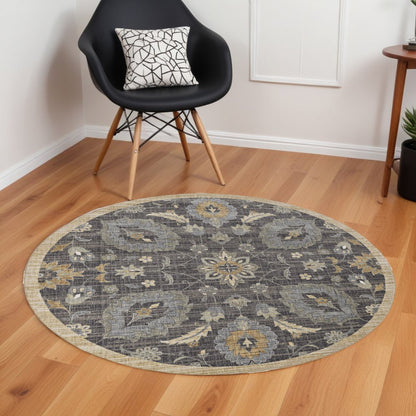 9' Taupe Orange And Gray Wool Floral Distressed Round Rug