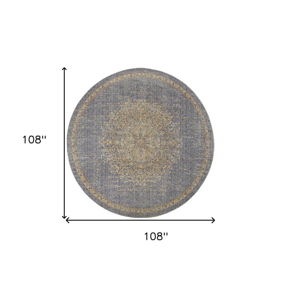9' Slate Gray And Orange Wool Medallion Distressed Round Rug