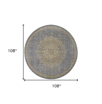 9' Slate Gray And Orange Wool Medallion Distressed Round Rug