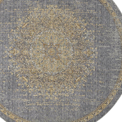 9' Slate Gray And Orange Wool Medallion Distressed Round Rug