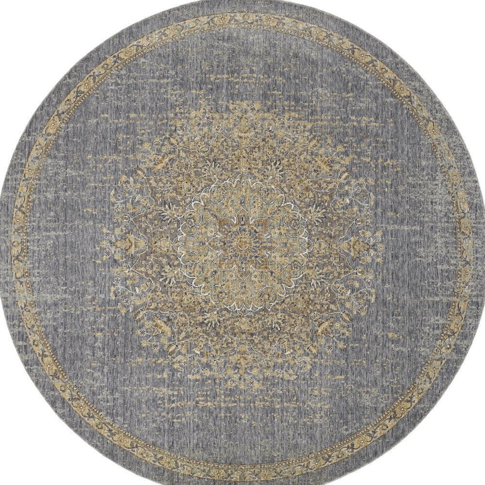 9' Slate Gray And Orange Wool Medallion Distressed Round Rug