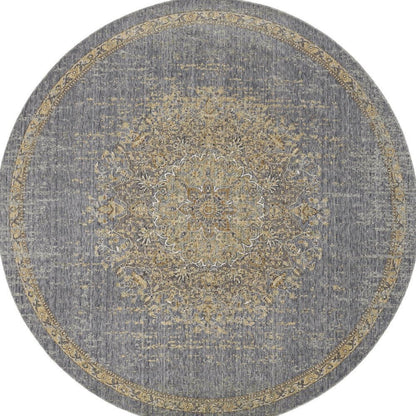 9' Slate Gray And Orange Wool Medallion Distressed Round Rug