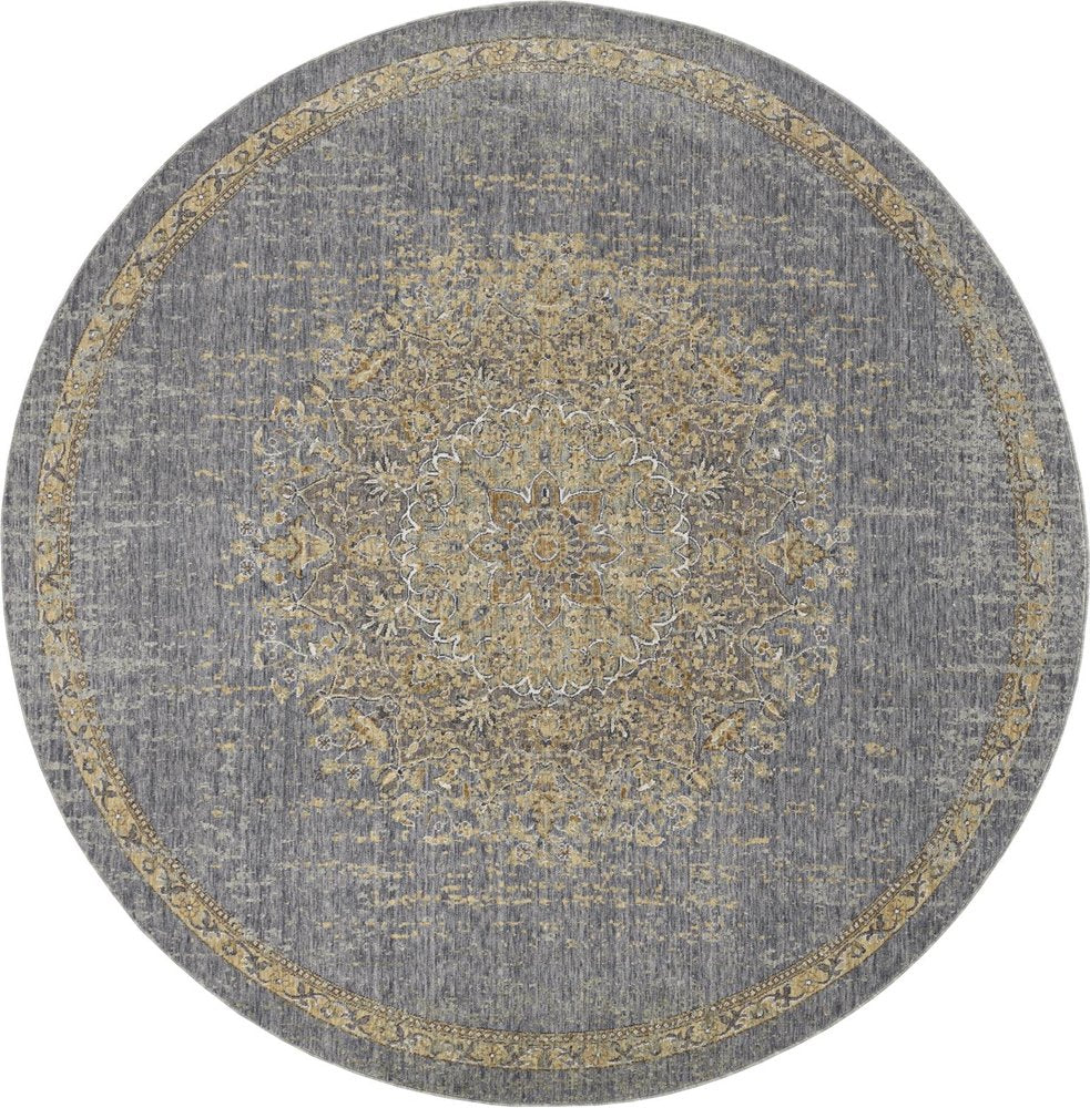 9' Slate Gray And Orange Wool Medallion Distressed Round Rug