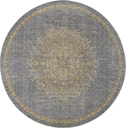 9' Slate Gray And Orange Wool Medallion Distressed Round Rug