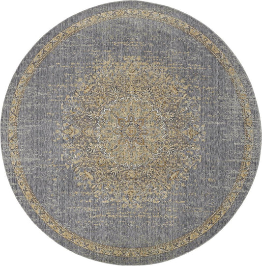 9' Slate Gray And Orange Wool Medallion Distressed Round Rug
