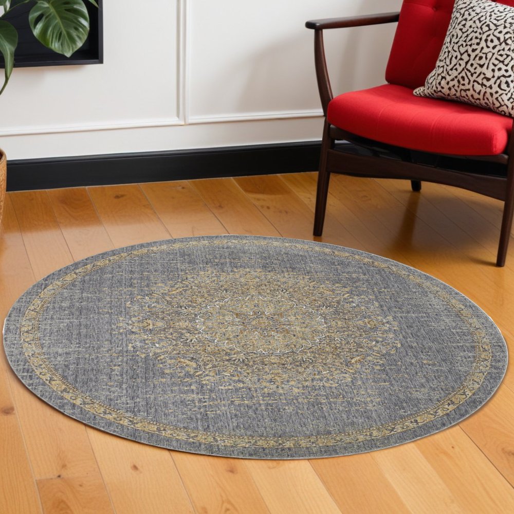 9' Slate Gray And Orange Wool Medallion Distressed Round Rug