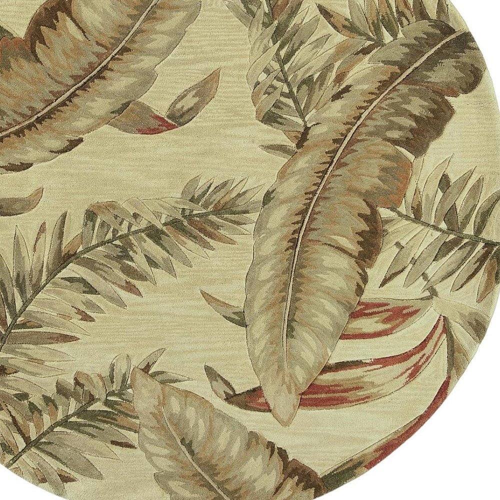 5' Brown Green And Red Wool Tropical Botanical Hand Tufted Round Rug