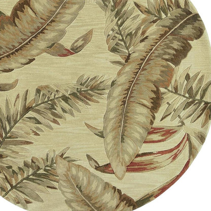 5' Brown Green And Red Wool Tropical Botanical Hand Tufted Round Rug