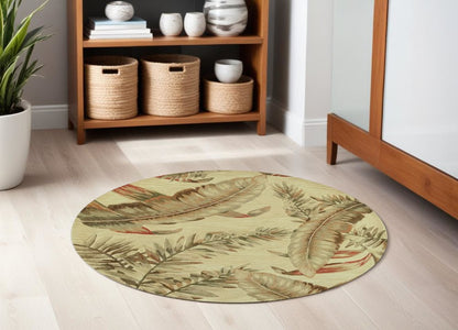 5' Brown Green And Red Wool Tropical Botanical Hand Tufted Round Rug