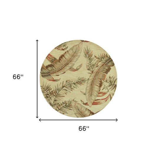 5' Brown Green And Red Wool Tropical Botanical Hand Tufted Round Rug