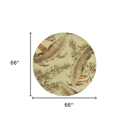 5' Brown Green And Red Wool Tropical Botanical Hand Tufted Round Rug