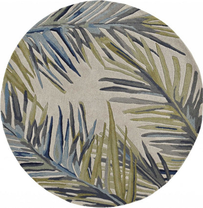 5' Ivory Blue And Green Wool Tropical Botanical Hand Tufted Round Rug
