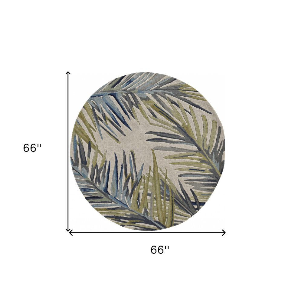 5' Ivory Blue And Green Wool Tropical Botanical Hand Tufted Round Rug