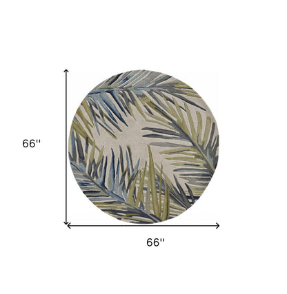 5' Ivory Blue And Green Wool Tropical Botanical Hand Tufted Round Rug