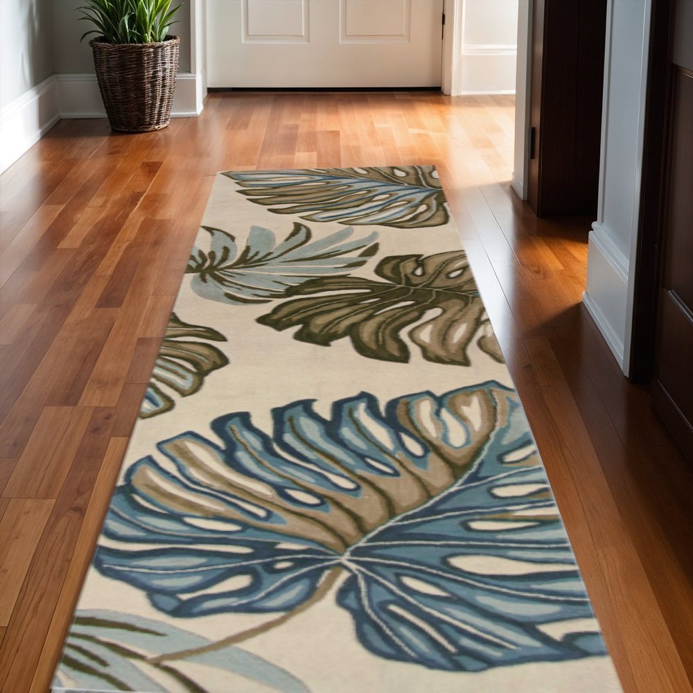 5' Brown Blue And Green Wool Tropical Botanical Hand Tufted Round Rug