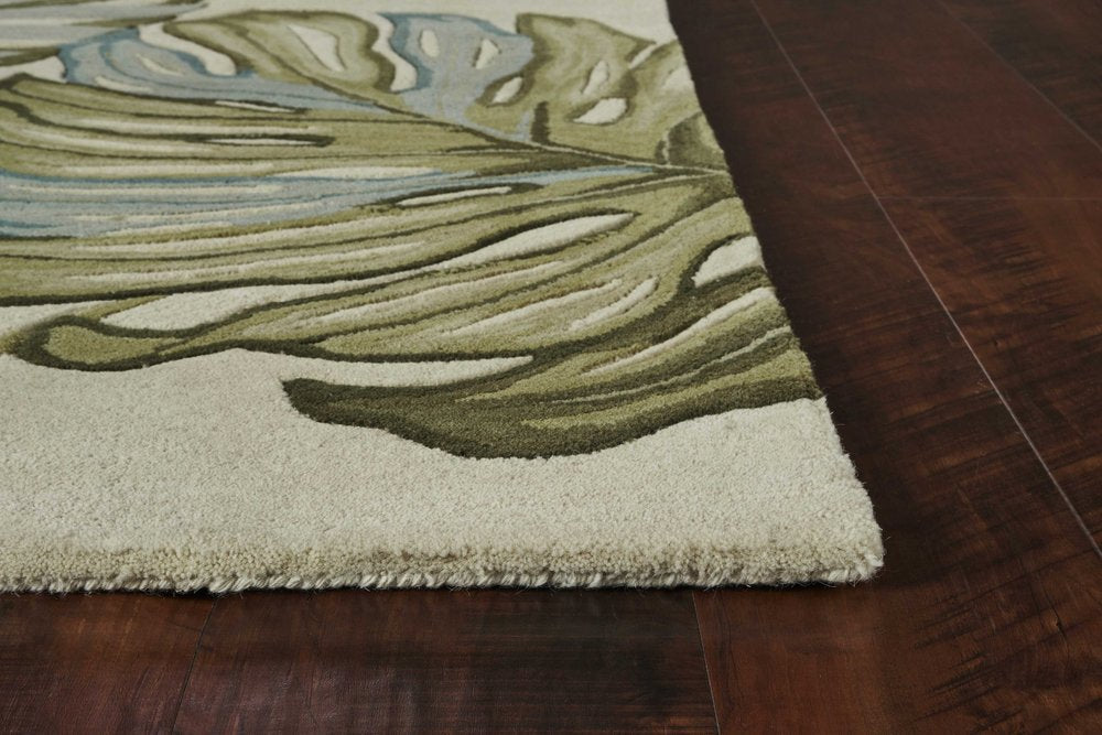 5' Brown Blue And Green Wool Tropical Botanical Hand Tufted Round Rug