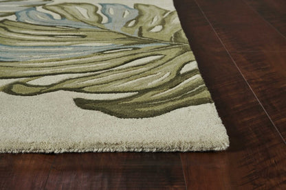 5' Brown Blue And Green Wool Tropical Botanical Hand Tufted Round Rug