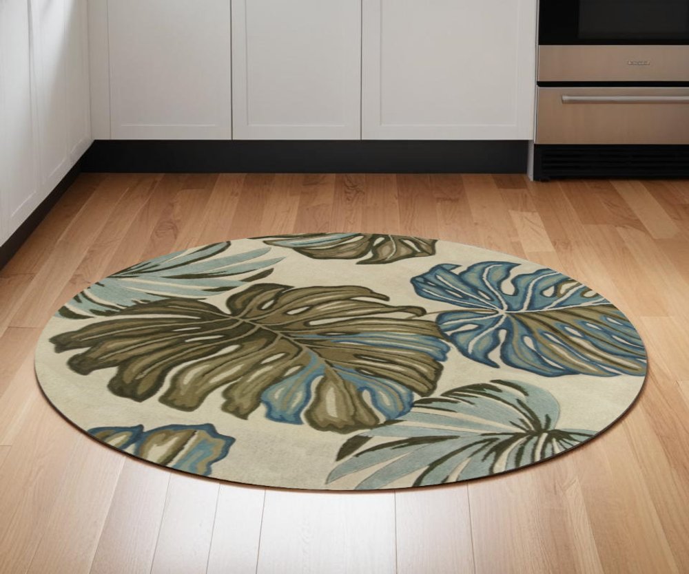 5' Brown Blue And Green Wool Tropical Botanical Hand Tufted Round Rug