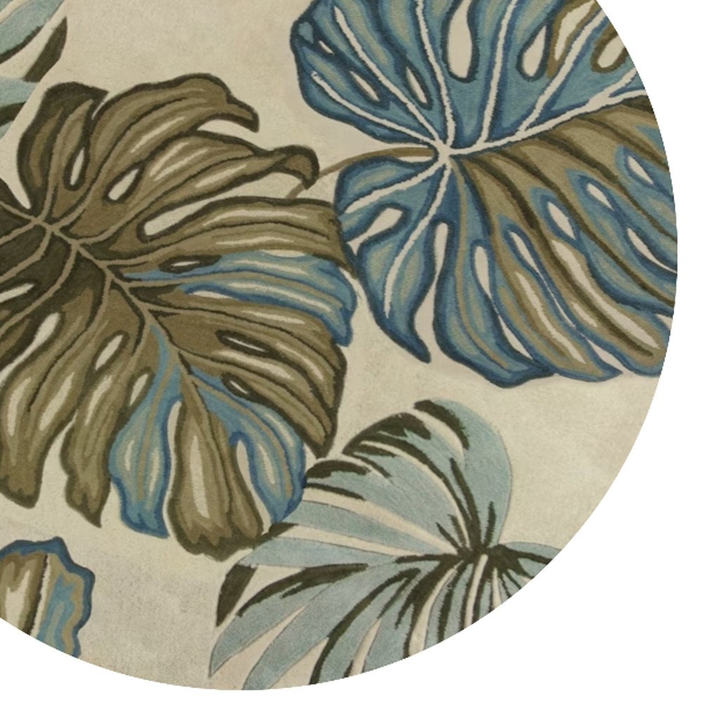 5' Brown Blue And Green Wool Tropical Botanical Hand Tufted Round Rug