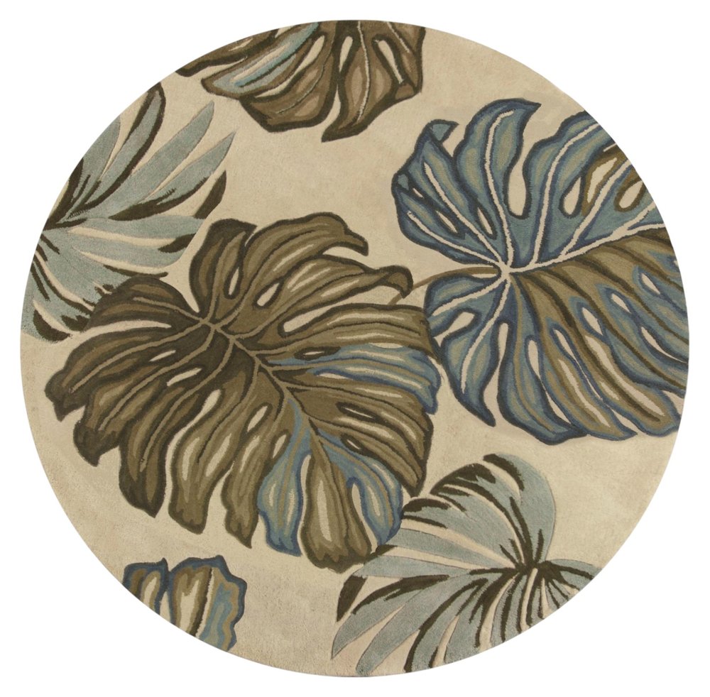 5' Brown Blue And Green Wool Tropical Botanical Hand Tufted Round Rug