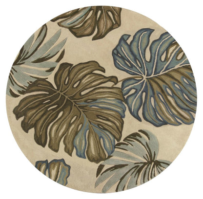 5' Brown Blue And Green Wool Tropical Botanical Hand Tufted Round Rug