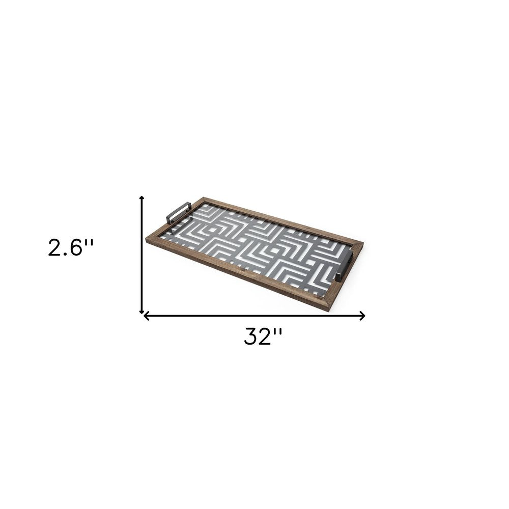 32" Brown and Black Glass Metal And Wood Geometric Serving Tray With Handles