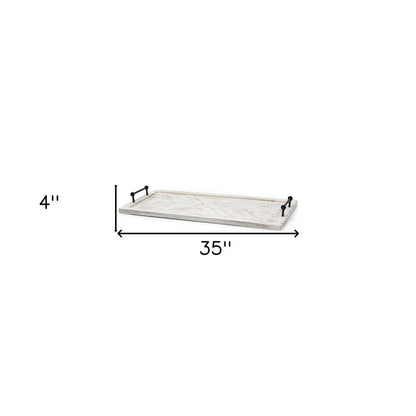 35" White and Natural Wood Indoor Outdoor Tray With Handles