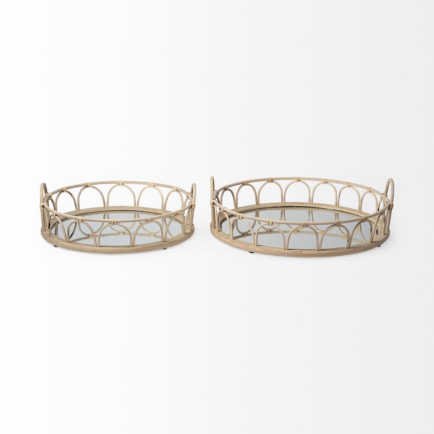 Set of Two Brown Round Wood Indoor Outdoor Vanity Tray With Handles