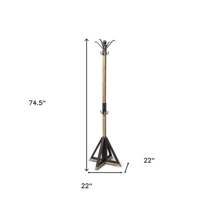 75" Black And Brown Solid Wood And Steel Twelve Hook Freestanding Coat Rack