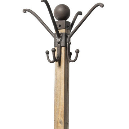 75" Black And Brown Solid Wood And Steel Twelve Hook Freestanding Coat Rack