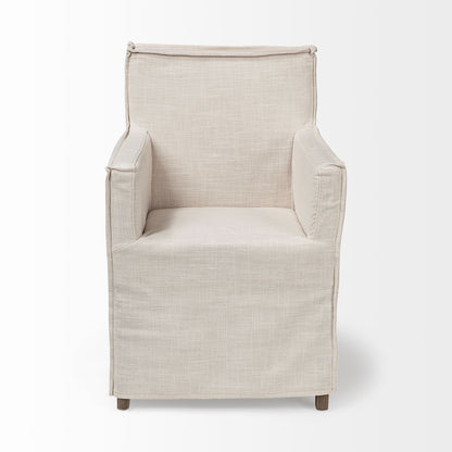 Cream and Brown Slipcovered Upholstered Fabric Dining Arm Chair