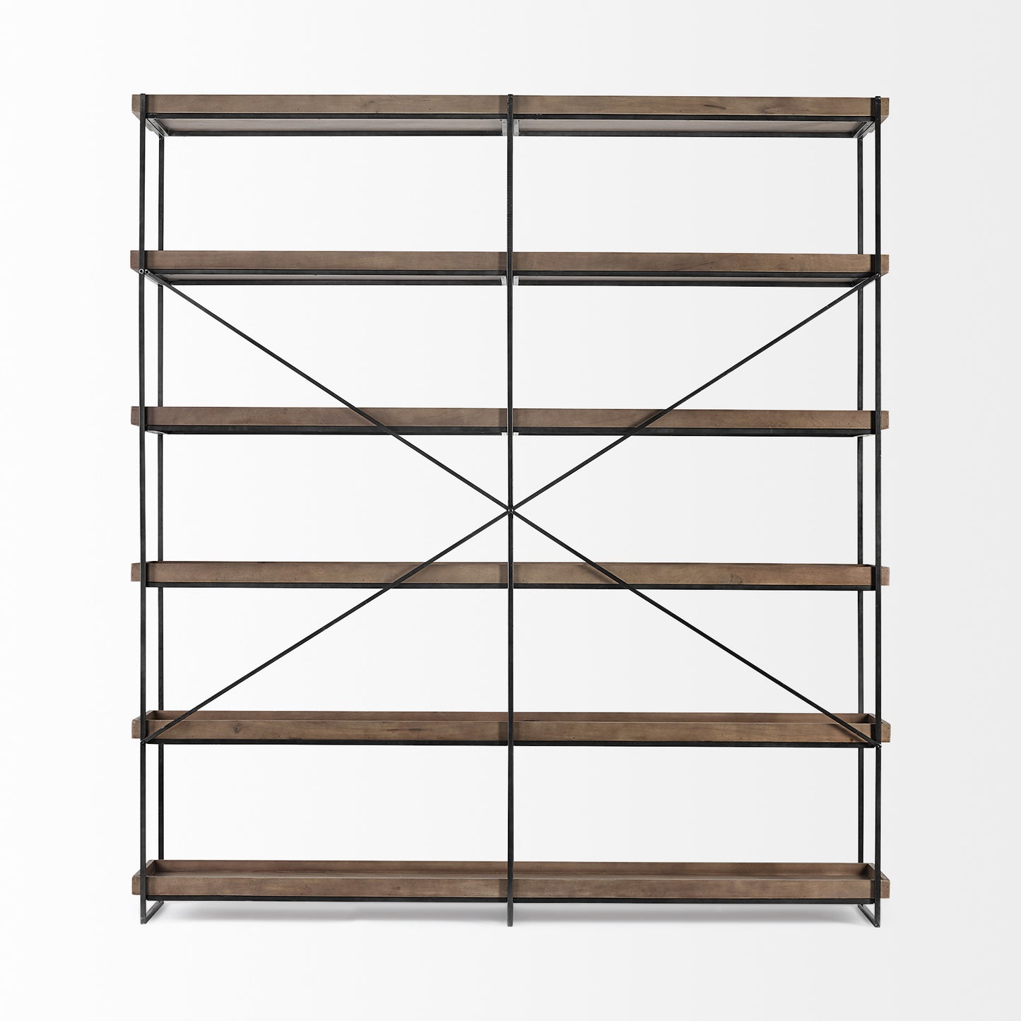 88" Black And Brown Iron and Wood Five Tier Bookcase