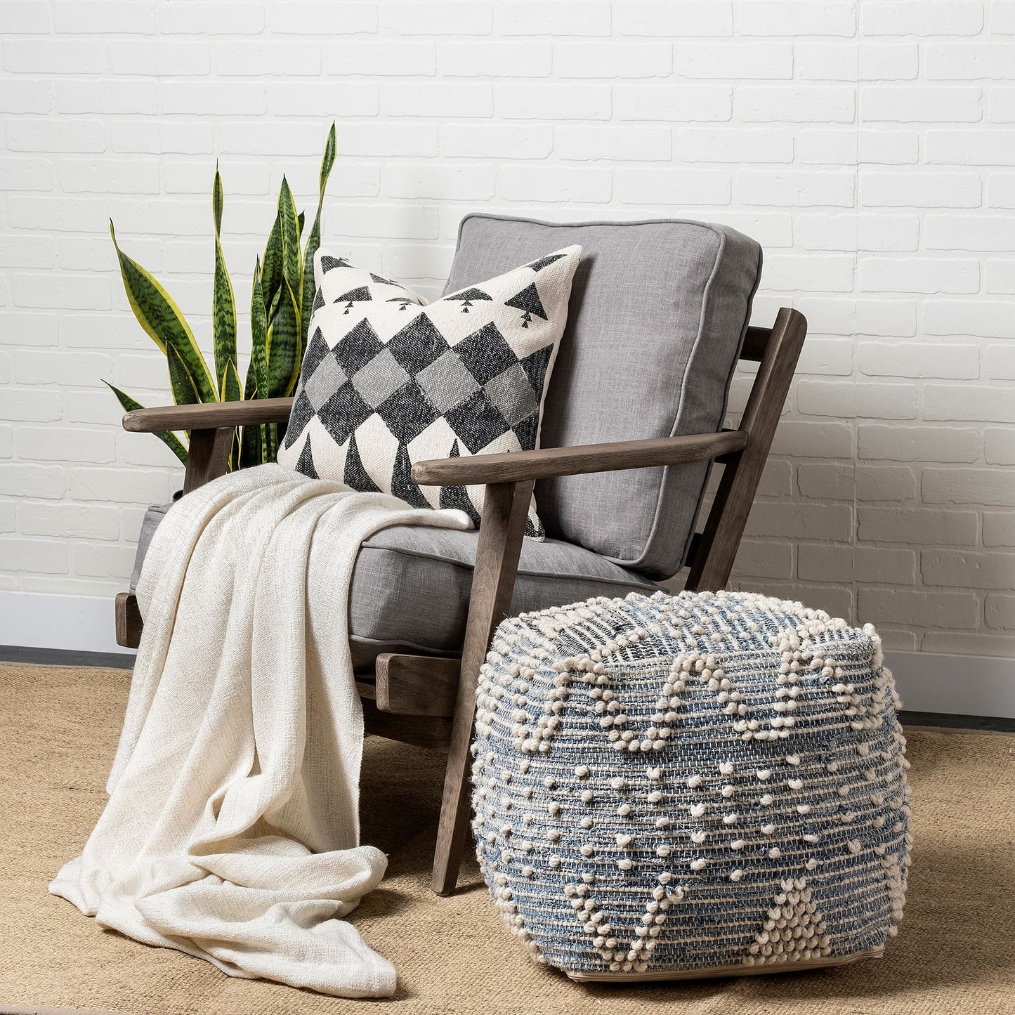 18" Blue Geometric Pouf Ottoman