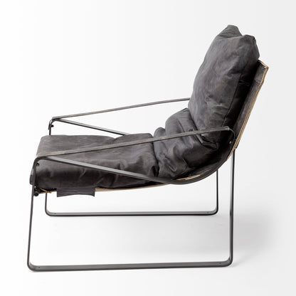 35" Black Leather Distressed Arm Chair