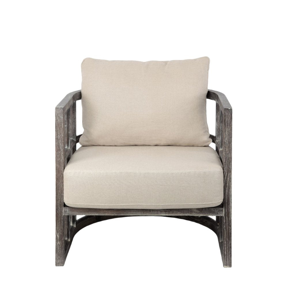 30" Cream and Brown Fabric Distressed Arm Chair