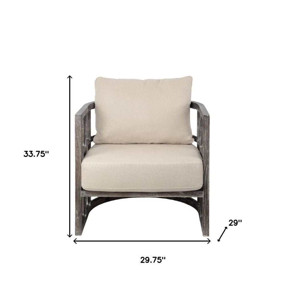 30" Cream and Brown Fabric Distressed Arm Chair
