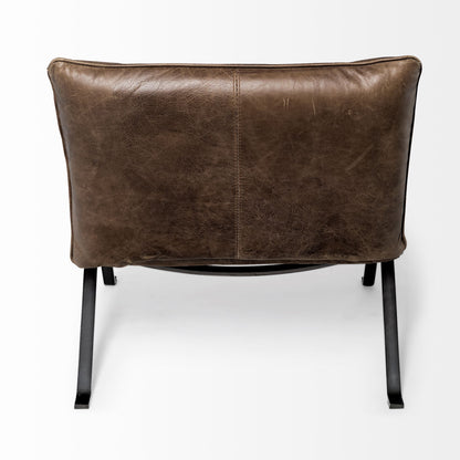 34" Brown and Black Top Grain Leather Distressed Slipper Chair