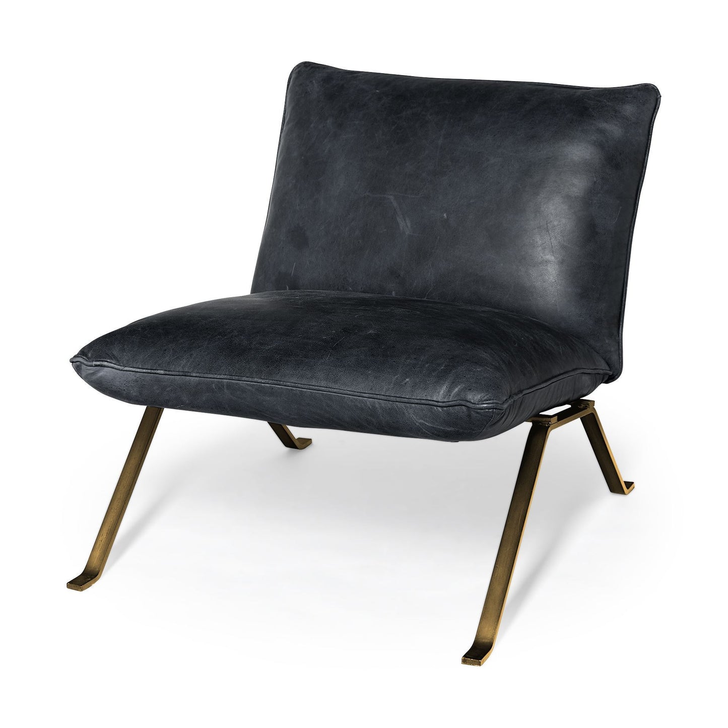 34" Black and Brass Top Grain Leather Distressed Slipper Chair
