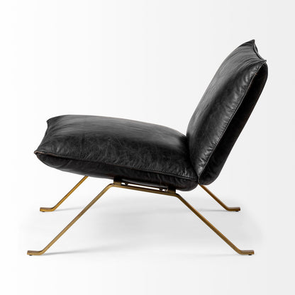 34" Black and Brass Top Grain Leather Distressed Slipper Chair